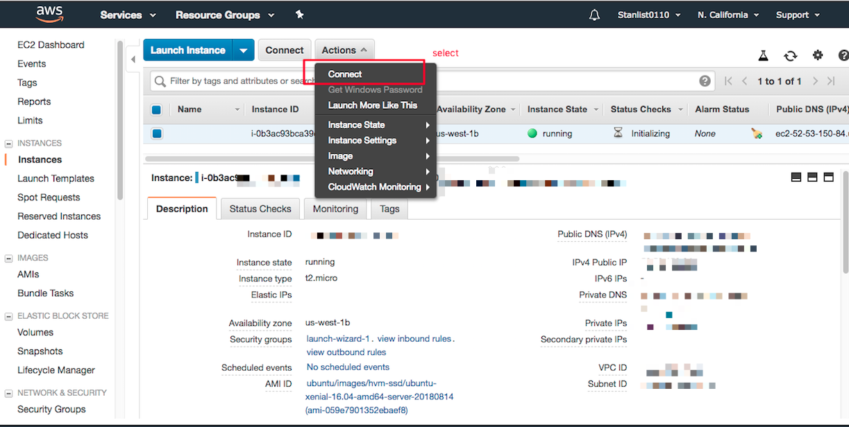 find connection info for EC2